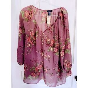 Chaps NEW plus size 2X Rose Pink Floral Blouse Romantic‎ MSRP$65